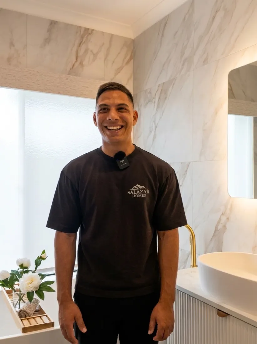 Paul, cabinetmaker and owner of PMD Projects, in a completed marble kitchen